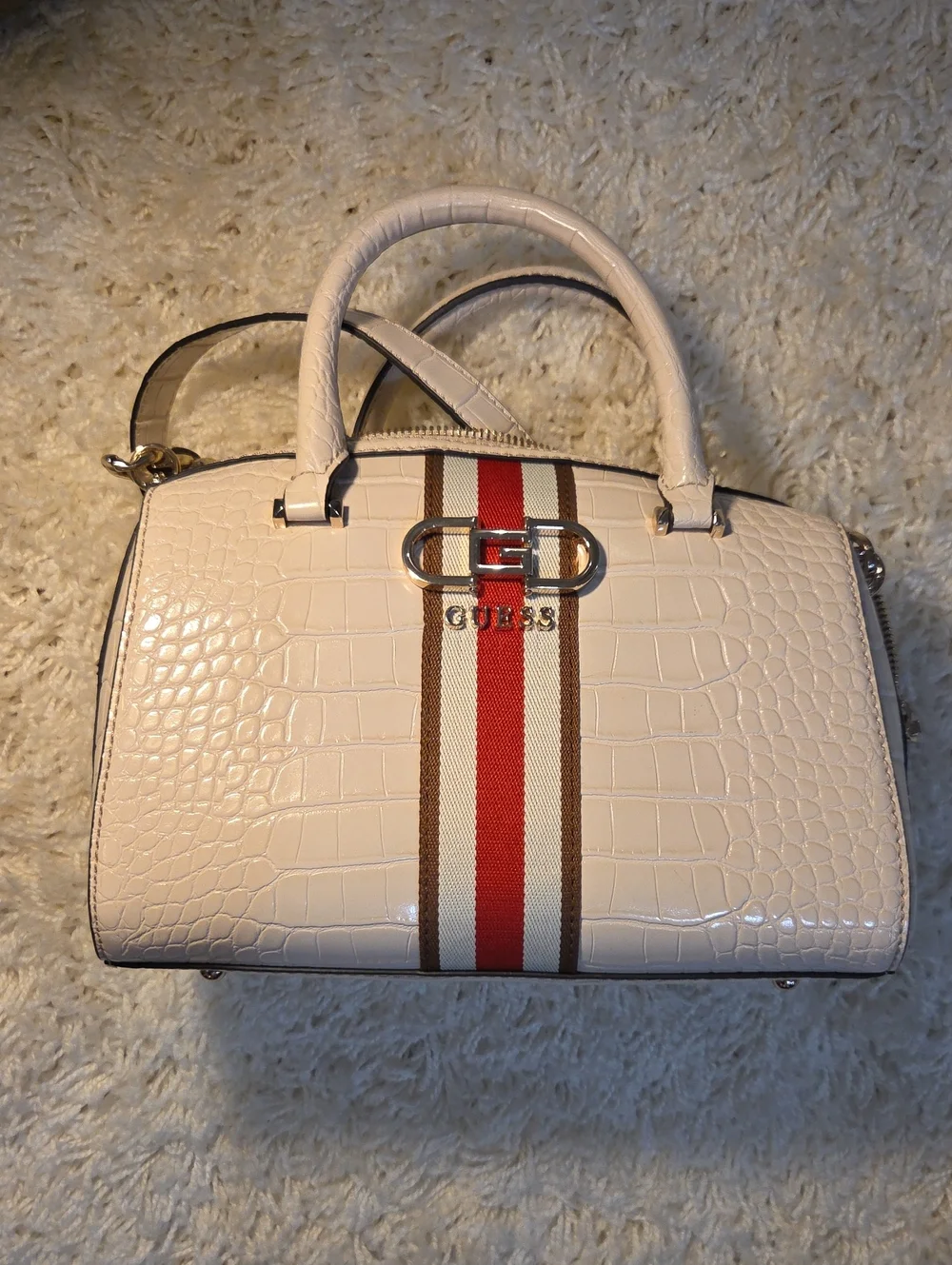 GUESS Cream Croc-Embossed Satchel with Red & Brown Center Stripe